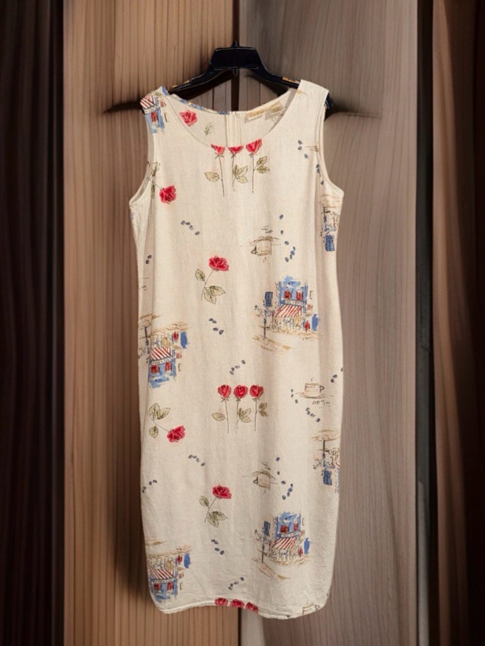 VTG Bobbie Brooks Cream Linen Blend Midi Dress w/Red Rose & Blue Scenic Print-L